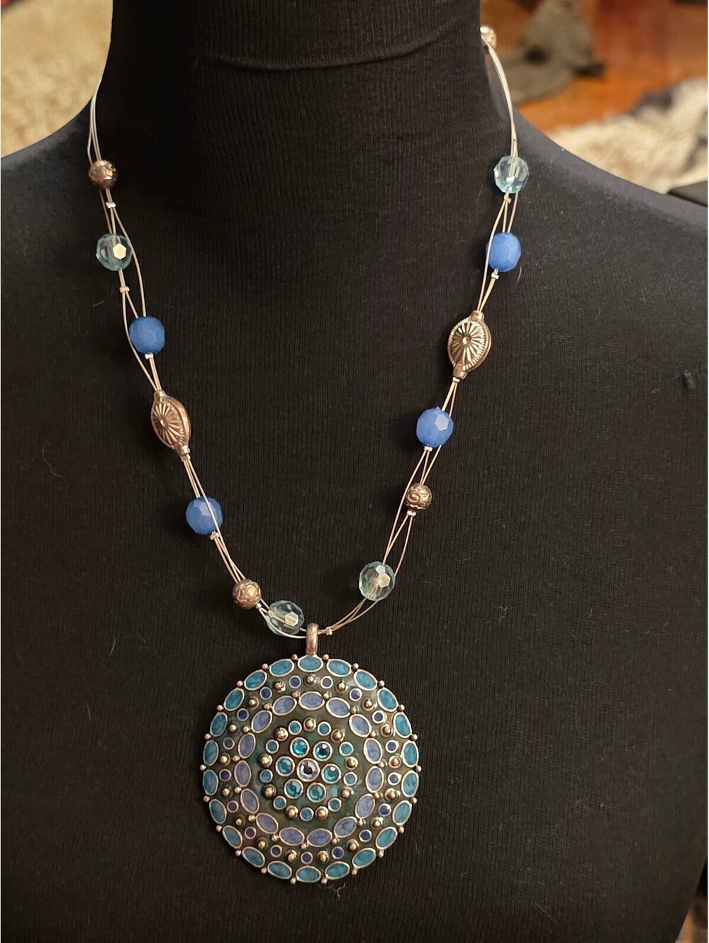 Blue Crystal Enamel Mandala Medallion Multi-Wire Pendant Necklace